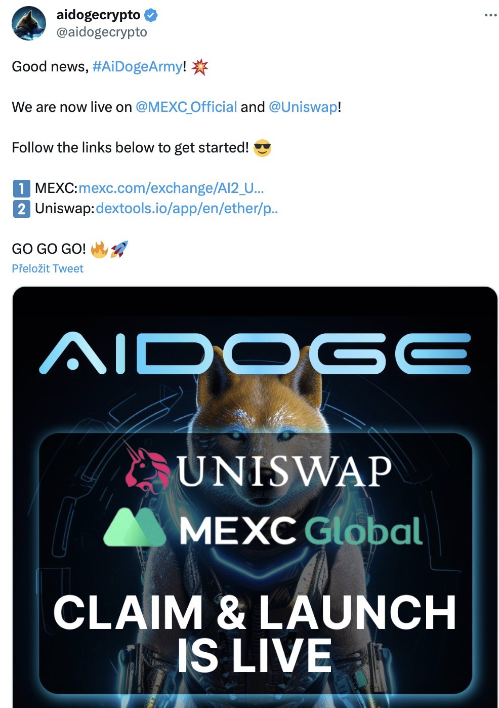 AiDoge tweet o uvedení tokenu AI na MEXC 