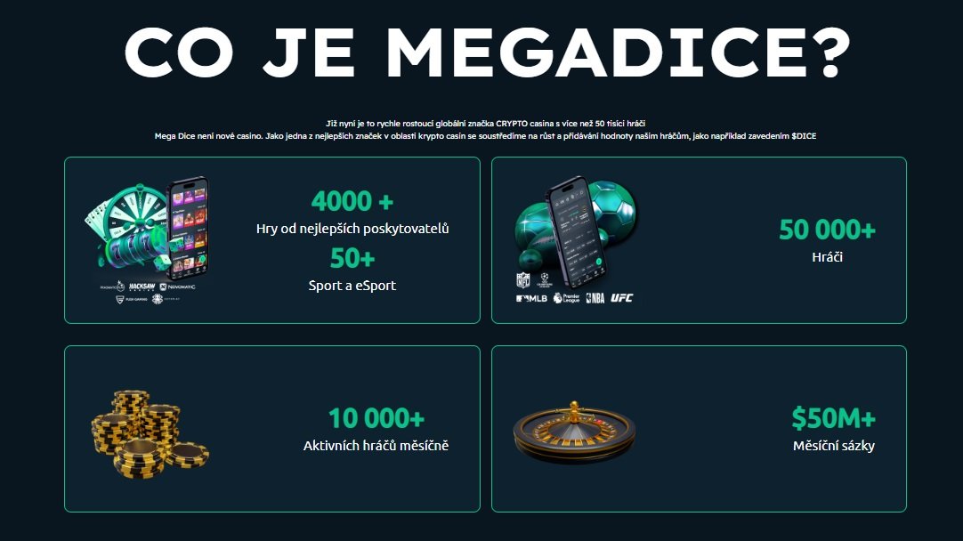 Online hazardní platforma projektu Mega Dice, která nabízí hráčům nespočet možností, včetně hazardních her, sportovního sázení nebo futures tradingu.