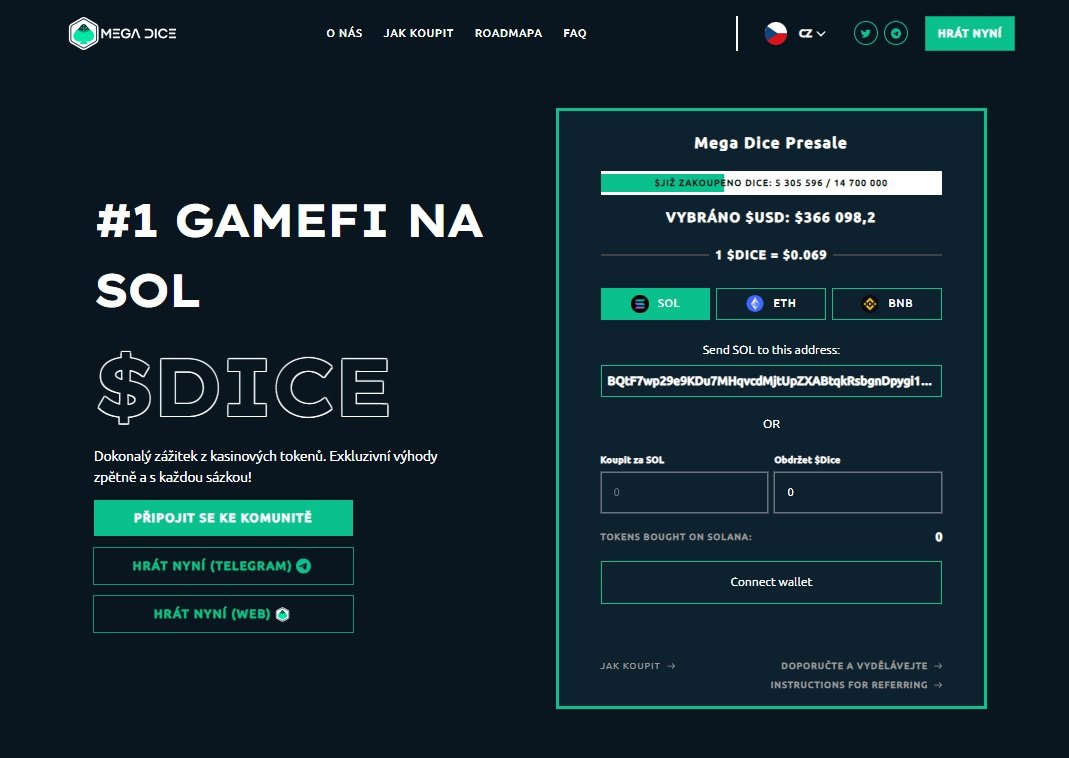 Předprodej projektu Mega Dice, jehož kryptoměna DICE se řadí mezi nejznámější kryptoměny GameFi na blockchainu Solana.