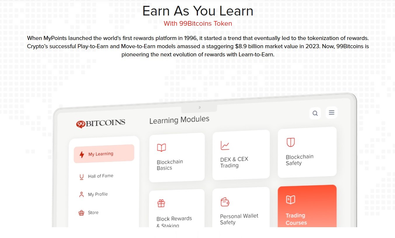 Vzdělávací platforma 99Bitcoins, kde mohou studenti získat kryptoměny zdarma