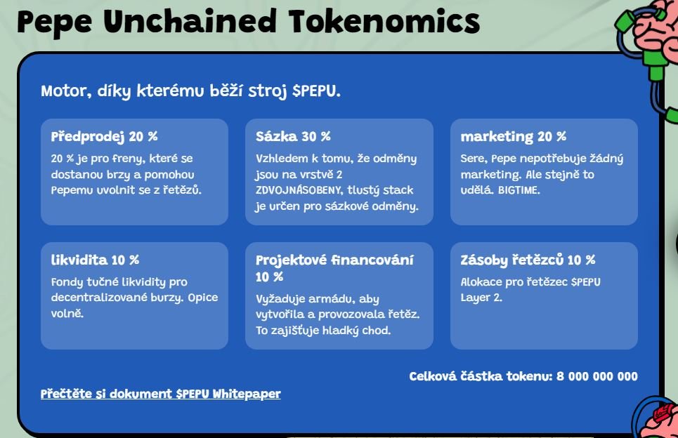 Tokenomika Pepe Unchained, který patří mezi ERC 20 tokeny