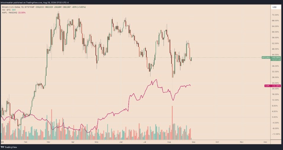 Denní graf výkonnosti BTC/USD vs. akcie Apple od začátku letošního roku