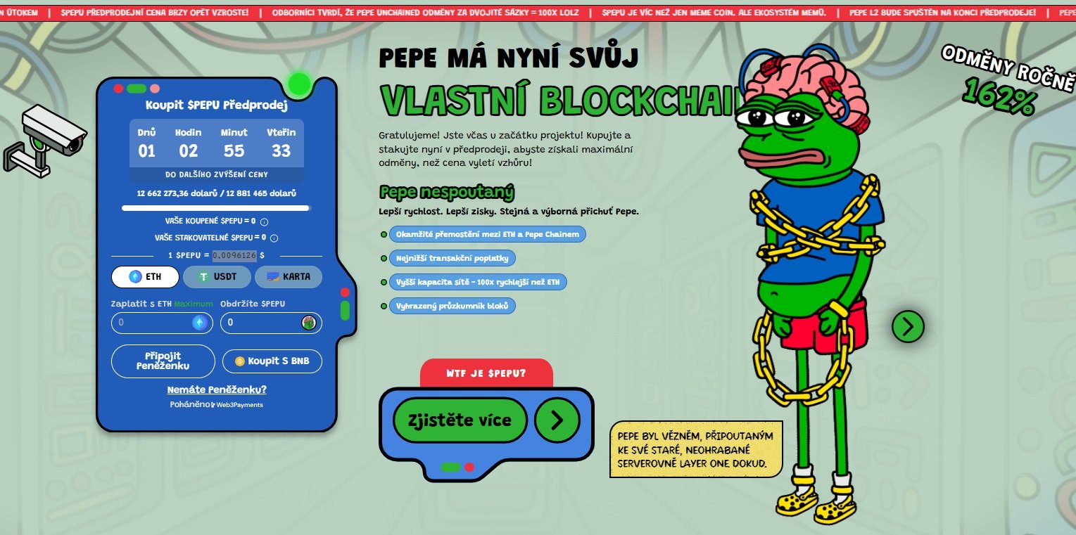 Předprodej Pepe Unchained, který patří mezi atraktivní meme coiny