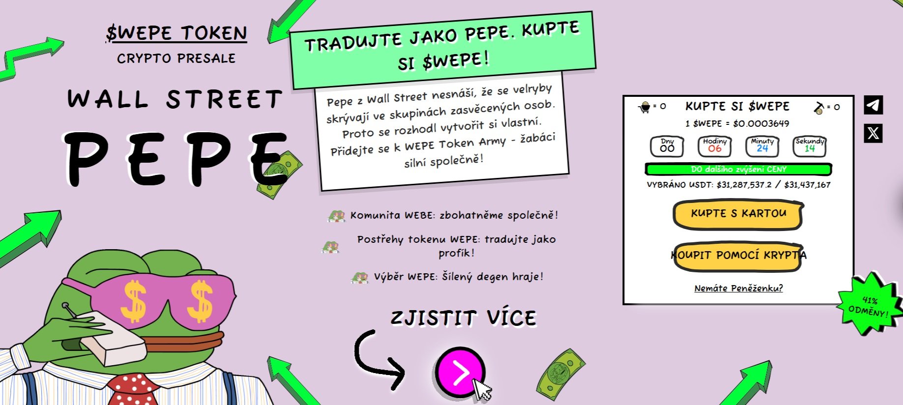 Předprodej Wall Street Pepe nabízí tokeny WEPE za zvýhodněnou cenu, které mohou být zajímavou alternativou například k bitcoinu