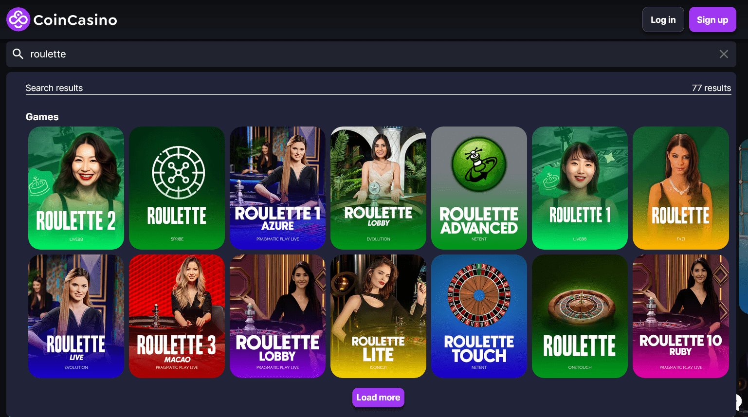 coincasino - výběr hry ruleta online