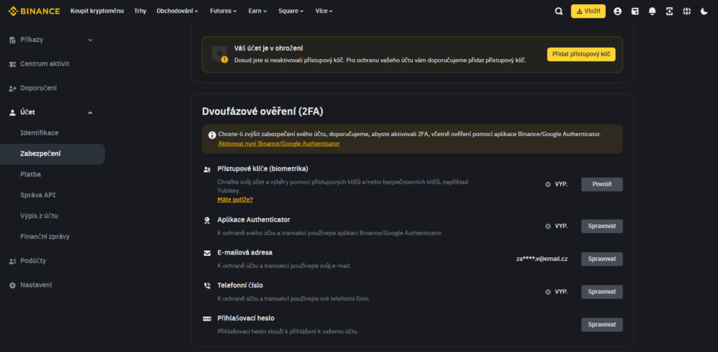Registrace na Binance, přejděte do záložky Zabezpečení a aktivujte dvoufázové ověření pro větší bezpečnost.