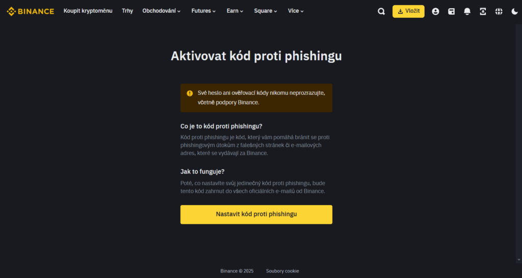 Zabezpečení na Binance, doporučujeme přidat další vrstvu ochrany v podobě kódu proti útokům