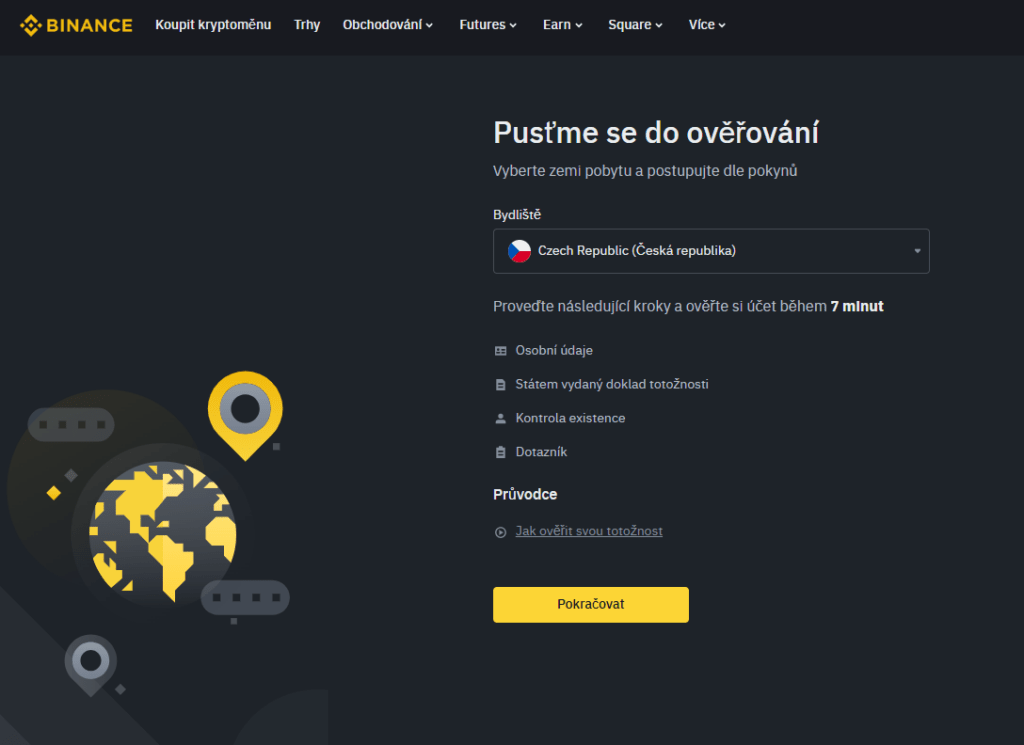 Binance přihlášení, po aktivaci účtu je potřeba projít ověřením identity KYC.