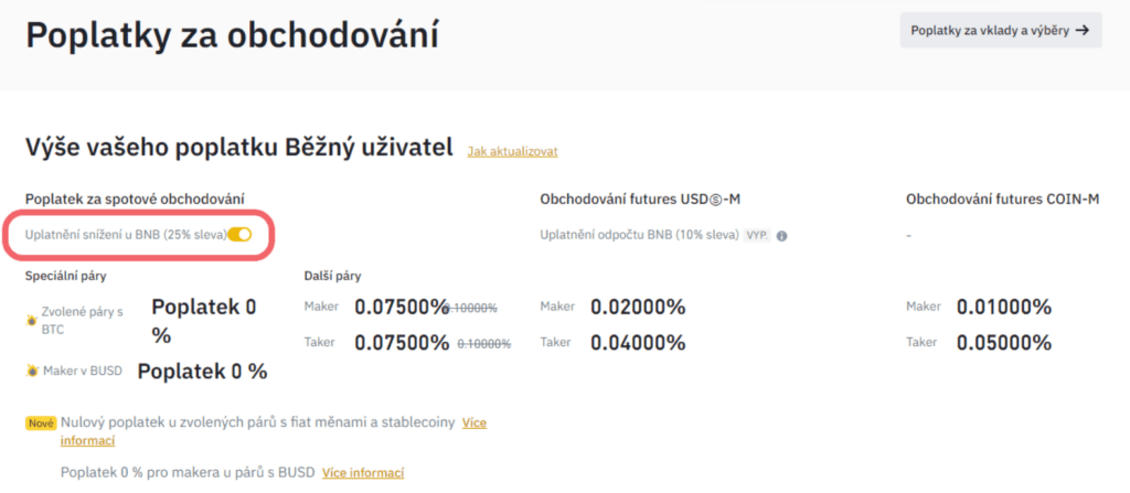 Binance poplatky, platba poplatků pomocí BNB dává možnost snížit je o 25 %