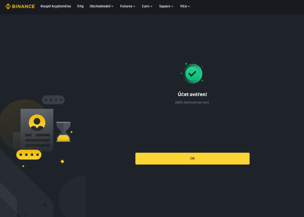 Binance registrace, po nahrání dokladu totožnosti a selfie je váš účet ověřen a můžete začít obchodovat.