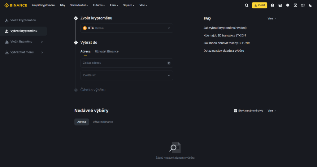 Binance výběr, jak vybrat kryptoměnu