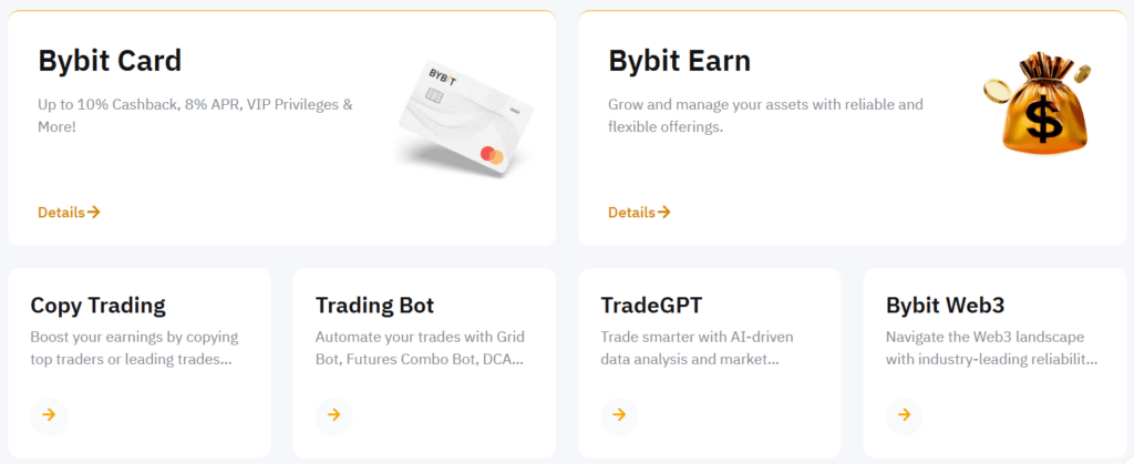 Kryptoměnové služby na Bybit – Bybit Card, Bybit Earn, copy trading, trading bot, tradeGPT, Bybit Web3.