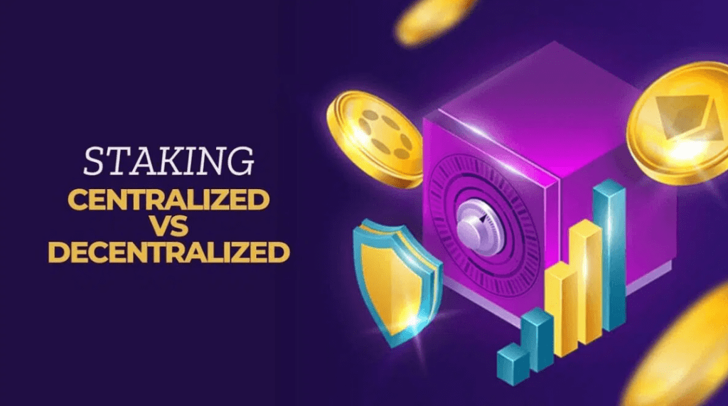 Centralizovaný vs. decentralizovaný staking – grafika ke srovnání možností.