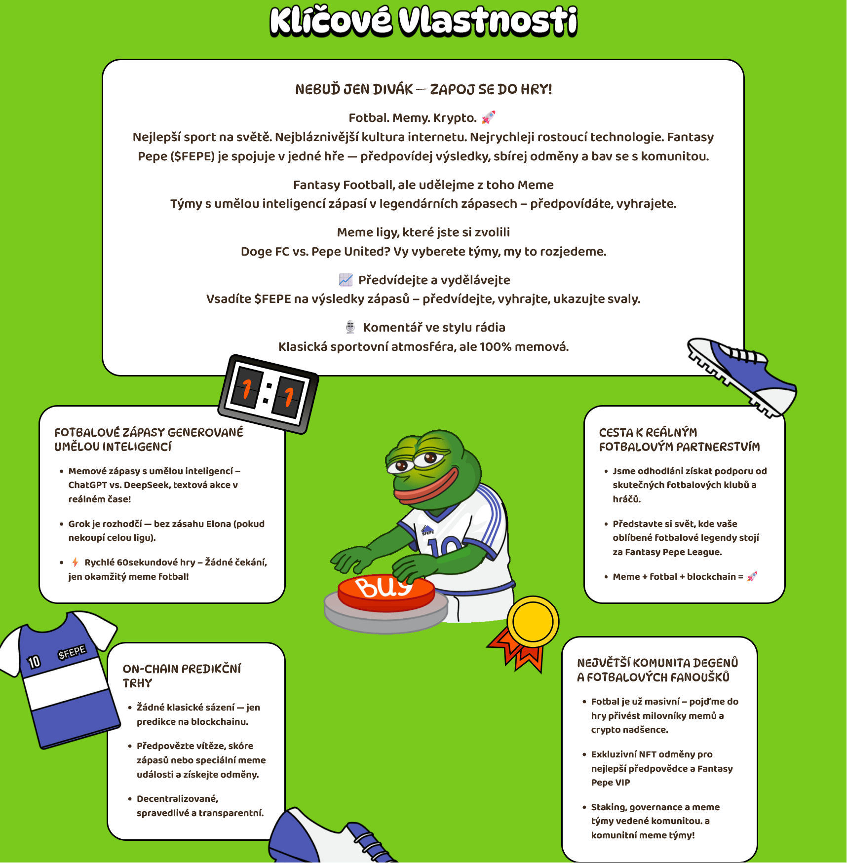 Výhodou nejlepší kryptoměny FEPE je hlavně inovativní propojení fotbalu, meme a krypta