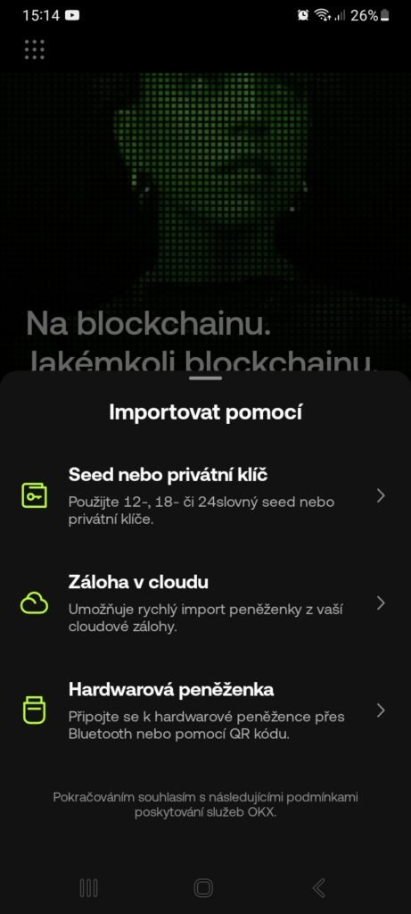 OKX Wallet, jak importovat existující peněženku