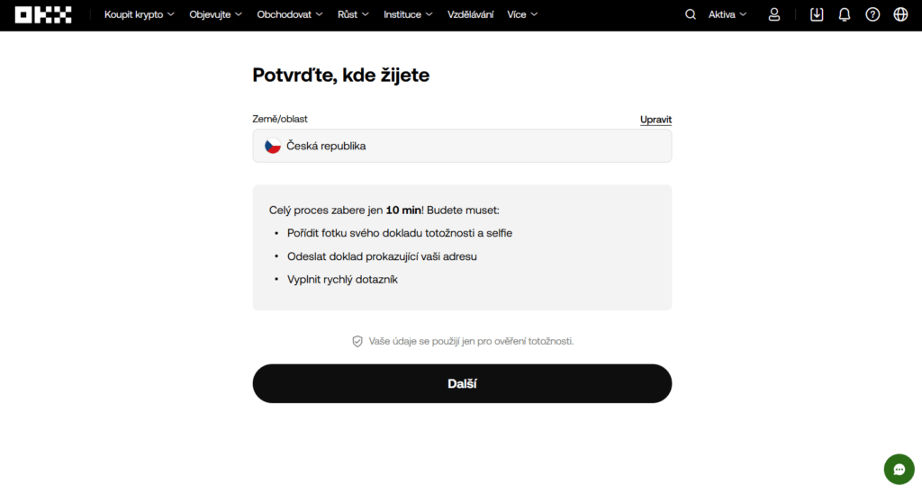 OKX recenze, ověření účtu KYC