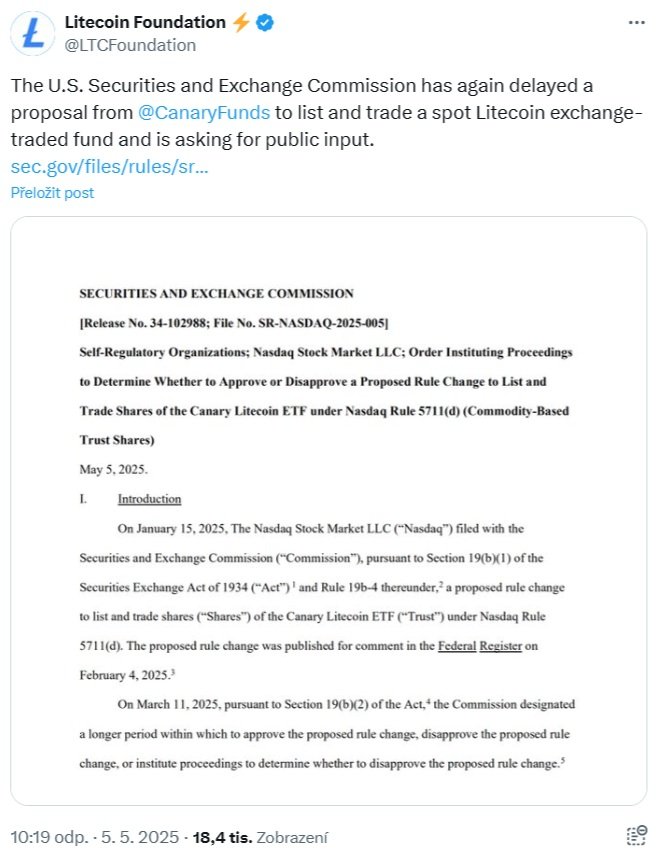 SEC znovu odložila rozhodnutí o schválení ETF pro litecoin